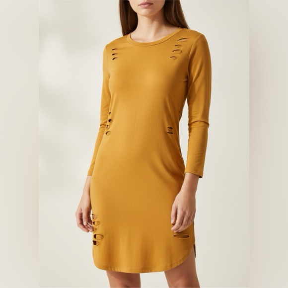 🧡 Derek Heart Dress~Women’s Sm~Golden Orange Color~Ripped Details~Curved Hem - Picture 6 of 8